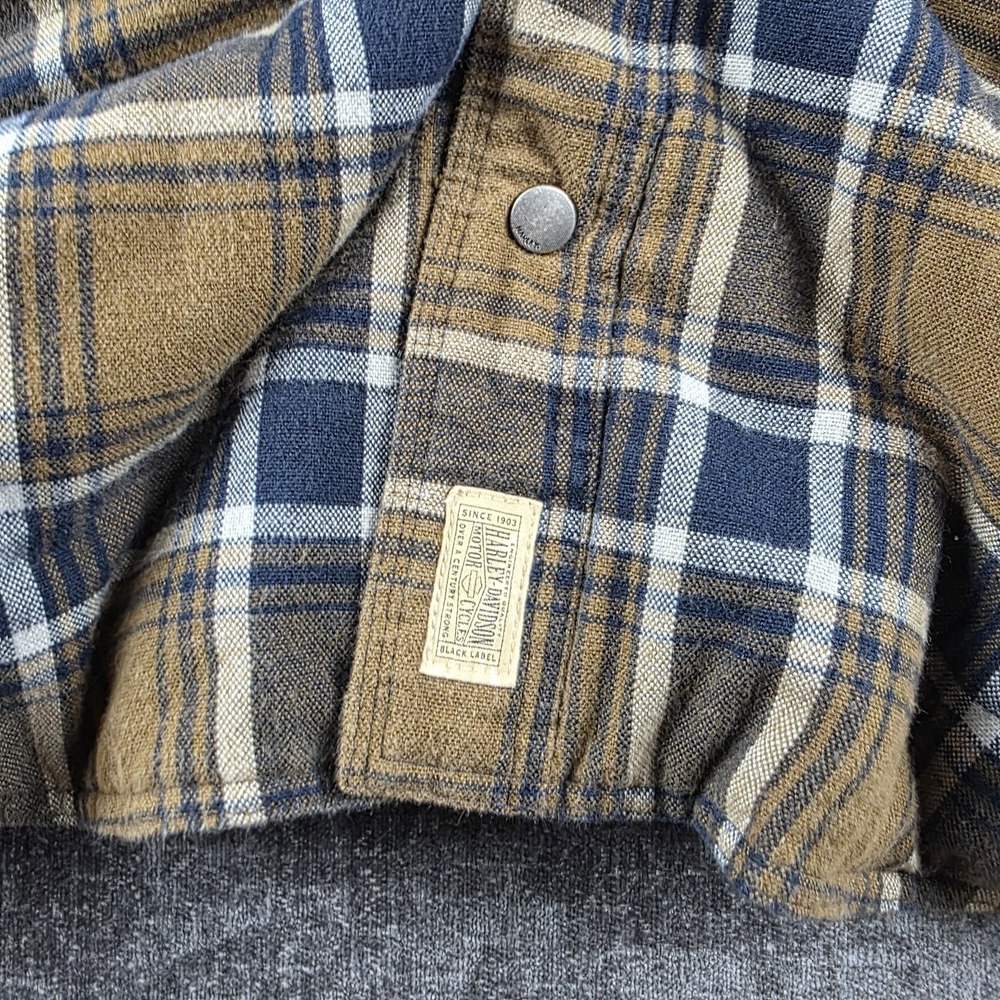 Harley Davidson Quilted Flannel Shirt Jacket Shacket Blue Tan Plaid Biker XXL - Picture 8 of 10